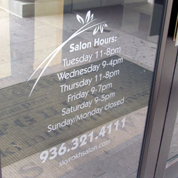 vinly lettering for window store hours